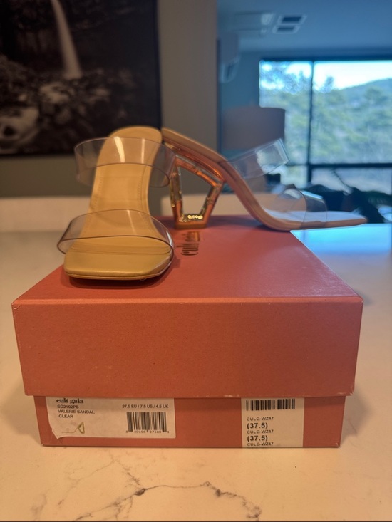 NWT cult gaia Valerie Sandal in Clear Two-Strap Mule Bamboo Gold Accent Heels - Picture 7 of 9